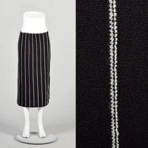 Large 1970s Black White Stripe Skirt Lightweight Knit Elastic Waist Midi Tea Length Straight Pencil 