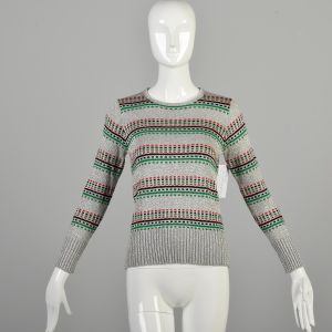 Medium 1970s Metallic Lurex Ribbed Knit Long Sleeve Sweater