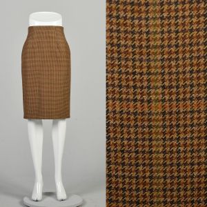 Small 2010s Wool Skirt Brown High Waisted Plaid Knee Length Pencil Skirt Made in Italy Designer 