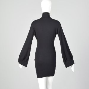 XXS 1990s Yohji Yamamoto Black Dress Sexy Bodycon Turtleneck Long Bell Sleeves Designer LBD - Fashionconservatory.com