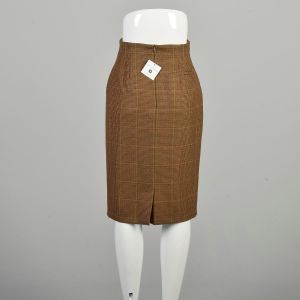 Small 2010s Wool Skirt Brown High Waisted Plaid Knee Length Pencil Skirt Made in Italy Designer  - Fashionconservatory.com
