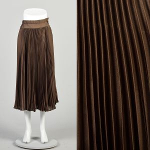 XS 1970s Brown Pleated Skirt Midi Tea Length Lightweight Flowy Silky Full Circle Sweep Chocolate 