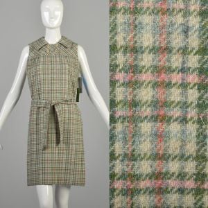 1970s Medium Pink and Green Plaid Wool Sleeveless Collared Mini Dress