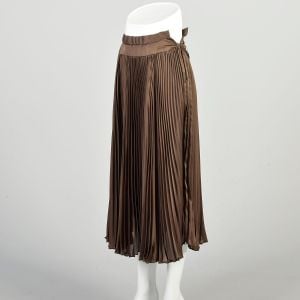 XS 1970s Brown Pleated Skirt Midi Tea Length Lightweight Flowy Silky Full Circle Sweep Chocolate  - Fashionconservatory.com