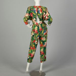 Small 1980s Jumpsuit Novelty Jungle Print Sexy Open Back - Fashionconservatory.com