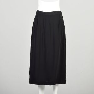Medium 1940s Black Rayon Skirt High Waist Kick Pleat Midi Tea Length Straight Pencil Skirt 