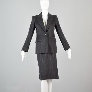 Small Vintage 1990s 90s Max Mara Skirt Suit Angora Wool Gray Chalk Stripe Size 6