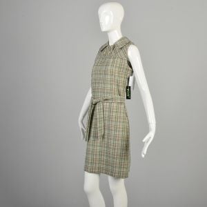 1970s Medium Pink and Green Plaid Wool Sleeveless Collared Mini Dress - Fashionconservatory.com