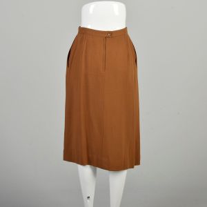 Medium 1970s Brown Wool Skirt Pleated Front Knee Length Pencil Skirt Solid Classic Pockets Skirt  - Fashionconservatory.com