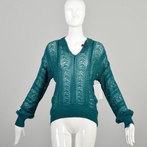 Medium 1970s Teal Open Knit Long Sleeve Sweater Top