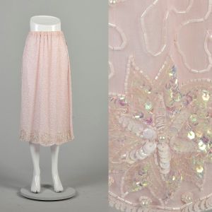 S-M 1980s Pink Skirt Beaded Sequin Scalloped Hem Elastic Waist Tea Length Midi Skirt 