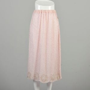 S-M 1980s Pink Skirt Beaded Sequin Scalloped Hem Elastic Waist Tea Length Midi Skirt  - Fashionconservatory.com