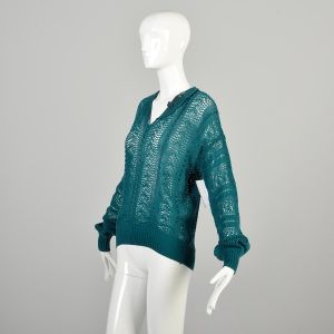 Medium 1970s Teal Open Knit Long Sleeve Sweater Top - Fashionconservatory.com