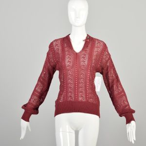 Medium 1970s Open Knit Burgundy Sweater Top with Dainty Collar 
