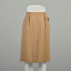 XS 1970s Tan Wool Skirt Pendleton Solid Light Brown Knee Length Straight Pencil Pleated Waist Casual