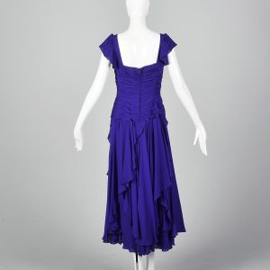 Medium 1980s Purple Evening Gown Ruched Bodice Flutter Cap Sleeves Ruffle Skirt  - Fashionconservatory.com