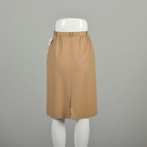 XS 1970s Tan Wool Skirt Pendleton Solid Light Brown Knee Length Straight Pencil Pleated Waist Casual - Fashionconservatory.com