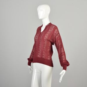 Medium 1970s Open Knit Burgundy Sweater Top with Dainty Collar  - Fashionconservatory.com