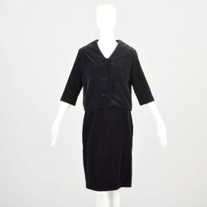  XS 1960s Two Piece Black Velvet Suit Separates Jacket with Large Buttons and Pencil Skirt