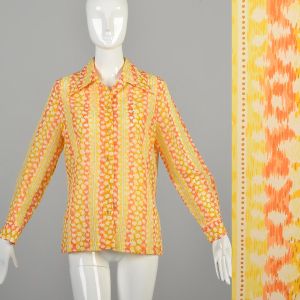  Large 1970s Yellow Orange Stripe Shirt Button Up Blouse Abstract Print