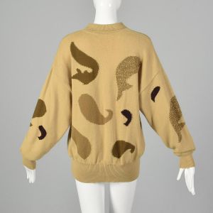 Large 1980s Escada Tan Sweater Cashmere Wool Floral Paisley Collared Fall Oversized  - Fashionconservatory.com