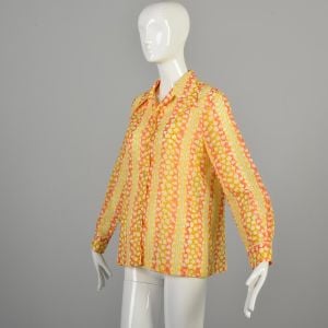  Large 1970s Yellow Orange Stripe Shirt Button Up Blouse Abstract Print - Fashionconservatory.com
