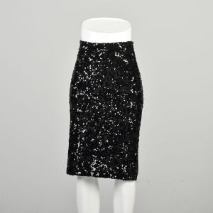 S-M 2000s Donna Karan Black Wool Knit Skirt Sequin Knee Length Classic Bodycon Cocktail Evening  - Fashionconservatory.com