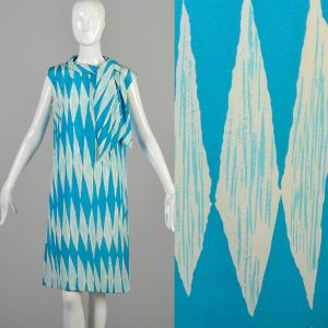 Large 1960s Shift Dress Abstract Blue Diamond Zig Zag Print Sleeveless Scarf Dress 