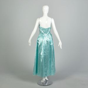 Small 1980s Aqua Sleeveless Pleated Shiny Prom Dress Formal Gown - Fashionconservatory.com