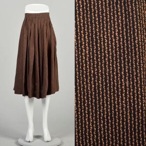 XS 1950s Pleated Skirt Brown Black Textured Micro Stripe Tea Length Midi Skirt 