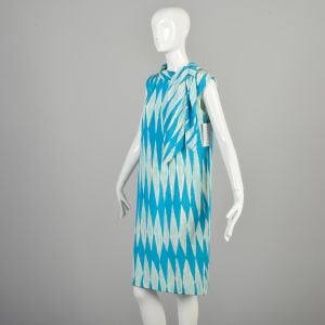 Large 1960s Shift Dress Abstract Blue Diamond Zig Zag Print Sleeveless Scarf Dress  - Fashionconservatory.com