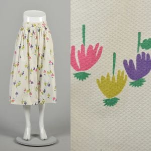  1950s Small Novelty Topper Overskirt Floral Layering Skirt Buttoned High Waist Midi Slit Flower Pri