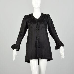 Small 1910s Edwardian Black Jacket Tassels Embroidery Gothic Victorian Aristocrat Overcoat 