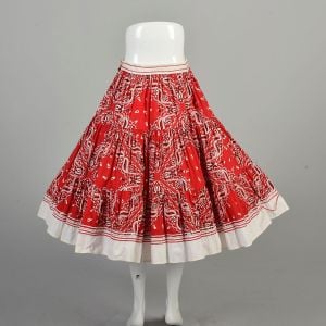 Medium 1950s Red White Bandana Full Circle Skirt Midi Tea Length Rockabilly Ric-Rac Cotton Picnic  - Fashionconservatory.com