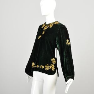 Medium 1970s Green Velvet Embroidered Boho Blouse Long Sleeve Top - Fashionconservatory.com