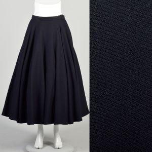 Medium 1950s Navy Blue Circle Skirt Wool Blend Full Sweep Maxi Classic Solid Medium Weight Skirt 