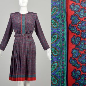 1980s Medium Paisley Print Pleated Midi Dress with Belt