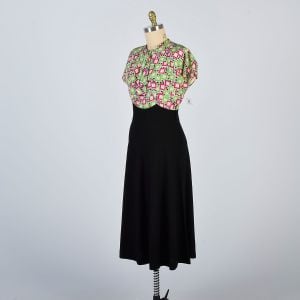 Large 1940s Silk Print Black Wool Day Dress Casual Short Sleeve High Waist - Fashionconservatory.com
