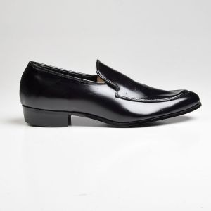 Sz8.5 1960s Black Leather Loafer Thomas Traditional Slip-On Shoe Polished Finish Deadstock - Fashionconservatory.com