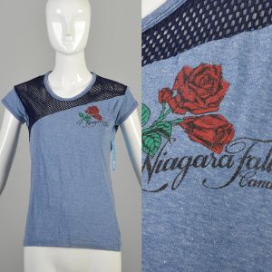 Medium Baby Tee Tourist Novelty Niagara Falls Fishnet Red Rose Blue Baby Tee T-Shirt