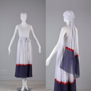 Medium Maxi Dress 1970s Red White and Blue Polka Dot Patriotic Matching Head Scarf 