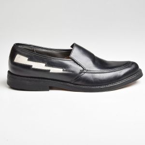 Sz7.5 1960s Black Leather Loafers White Lightning Rockabilly Slip-On Vintage Shoes - Fashionconservatory.com