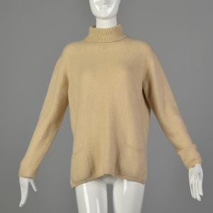 Large 1990s Cashmere Sweater Cozy Turtleneck Tan Patch Pockets