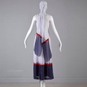 Medium Maxi Dress 1970s Red White and Blue Polka Dot Patriotic Matching Head Scarf  - Fashionconservatory.com