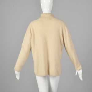 Large 1990s Cashmere Sweater Cozy Turtleneck Tan Patch Pockets - Fashionconservatory.com