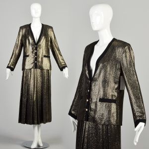Medium 1980s Gold Lamé Skirt Set Pleated Midi Rhinestone Two Piece