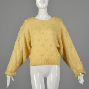 Small 1980s Cream Sweater Loose Knit Semi Sheer Bauble Pale Yellow Jumper 