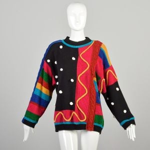 Large/XL 1980s Abstract Funky Mixed Pattern Fuzzy Velour Colorblock Knit Sweater 