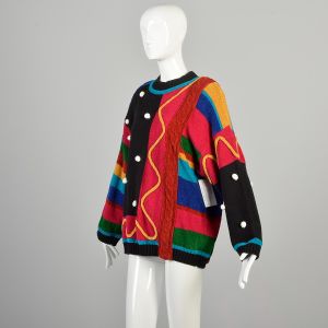 Large/XL 1980s Abstract Funky Mixed Pattern Fuzzy Velour Colorblock Knit Sweater  - Fashionconservatory.com
