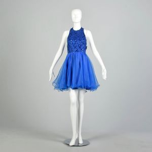 XS 1980s Royal Blue Sequin Halter Dress Fitted Party Formal Sparkling Evening Dress Flirty Skirt